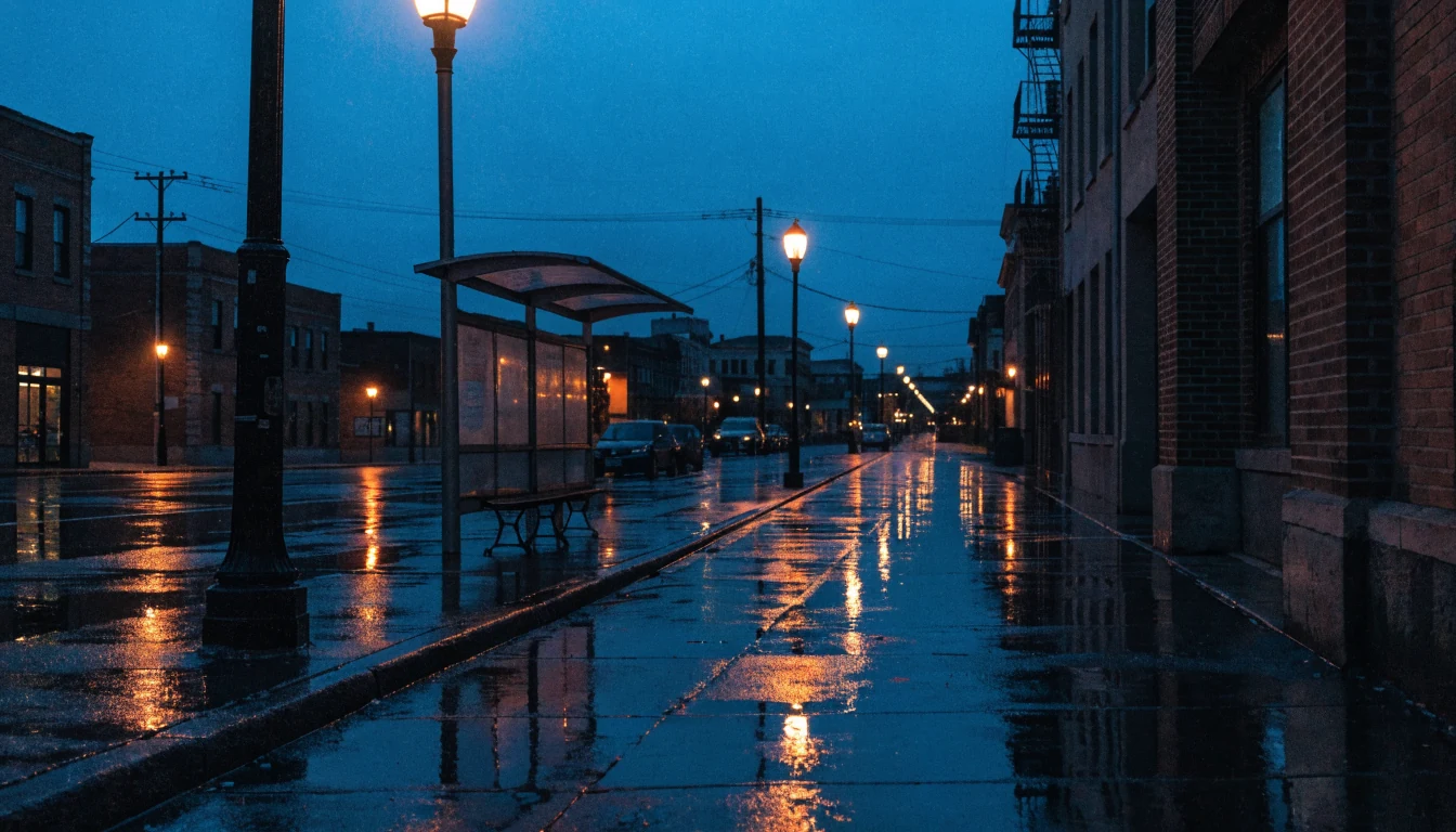 Concept illustration of a rain-wet sidewalk and transit stop at dusk.